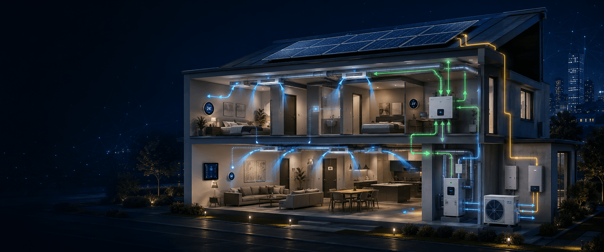 Modern home showing integrated HVAC, indoor air quality, smart controls and rooftop solar systems