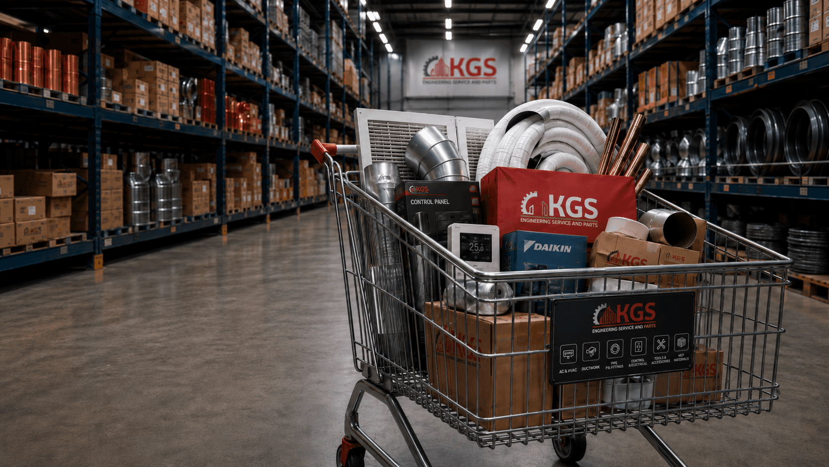 KGS engineering supplies and HVAC components in a warehouse